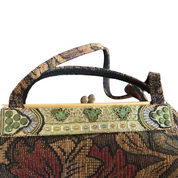 Mary Frances Beaded Floral Tapestry Kiss lock Frame Bag Boho Embellished Purse - Picture 9 of 11